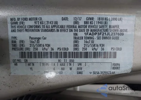 2018 Ford Focus Se из США, поврежденный, VIN 1FADP3F21JL237609